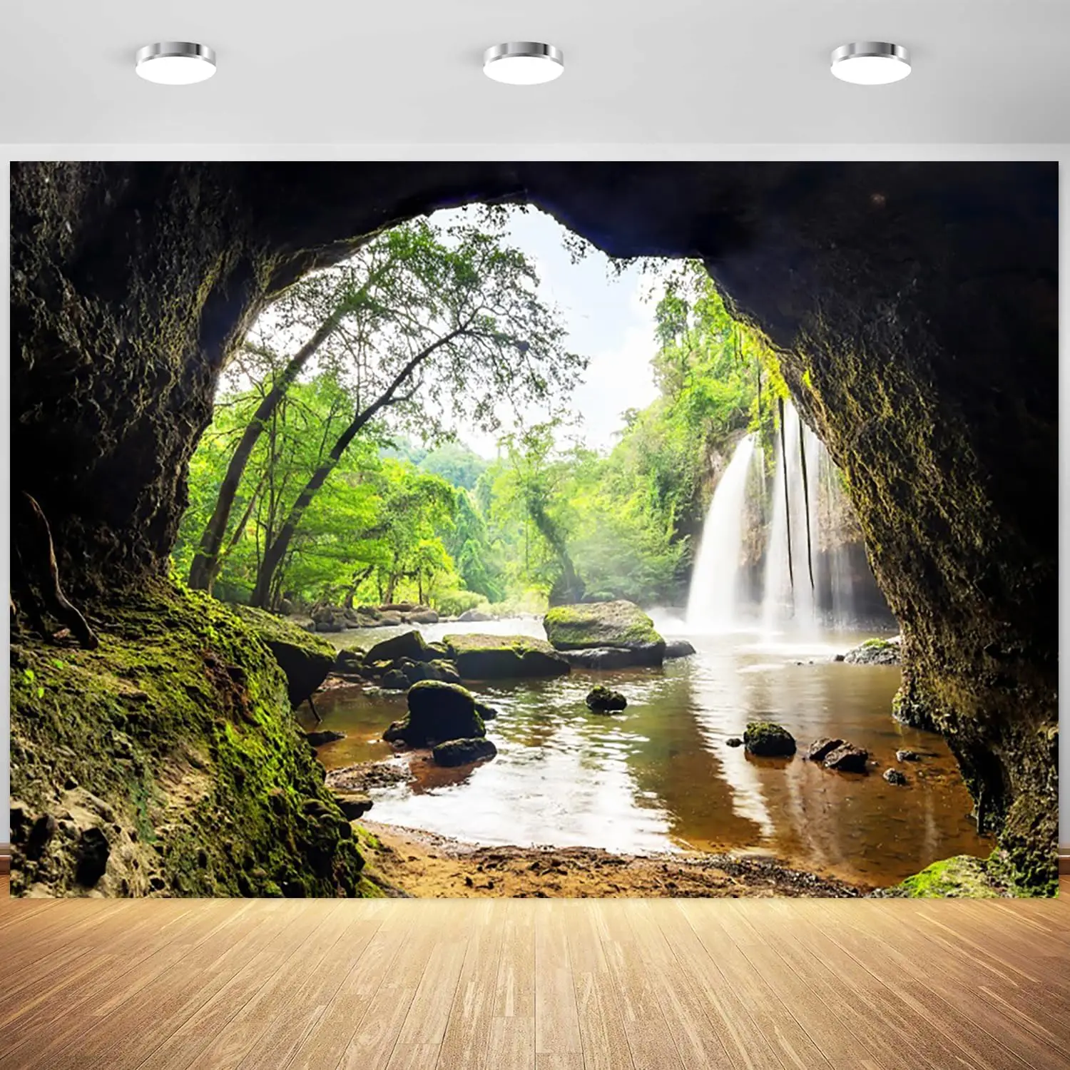 Outdoor Adventure Background - Forest Waterfall Mountain Cave Green Trees